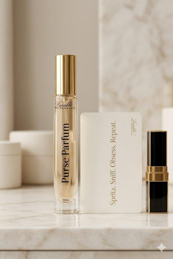 Luxable purse parfum luxury fragrance with Spritz Sniff Obsess Repeat ritual card