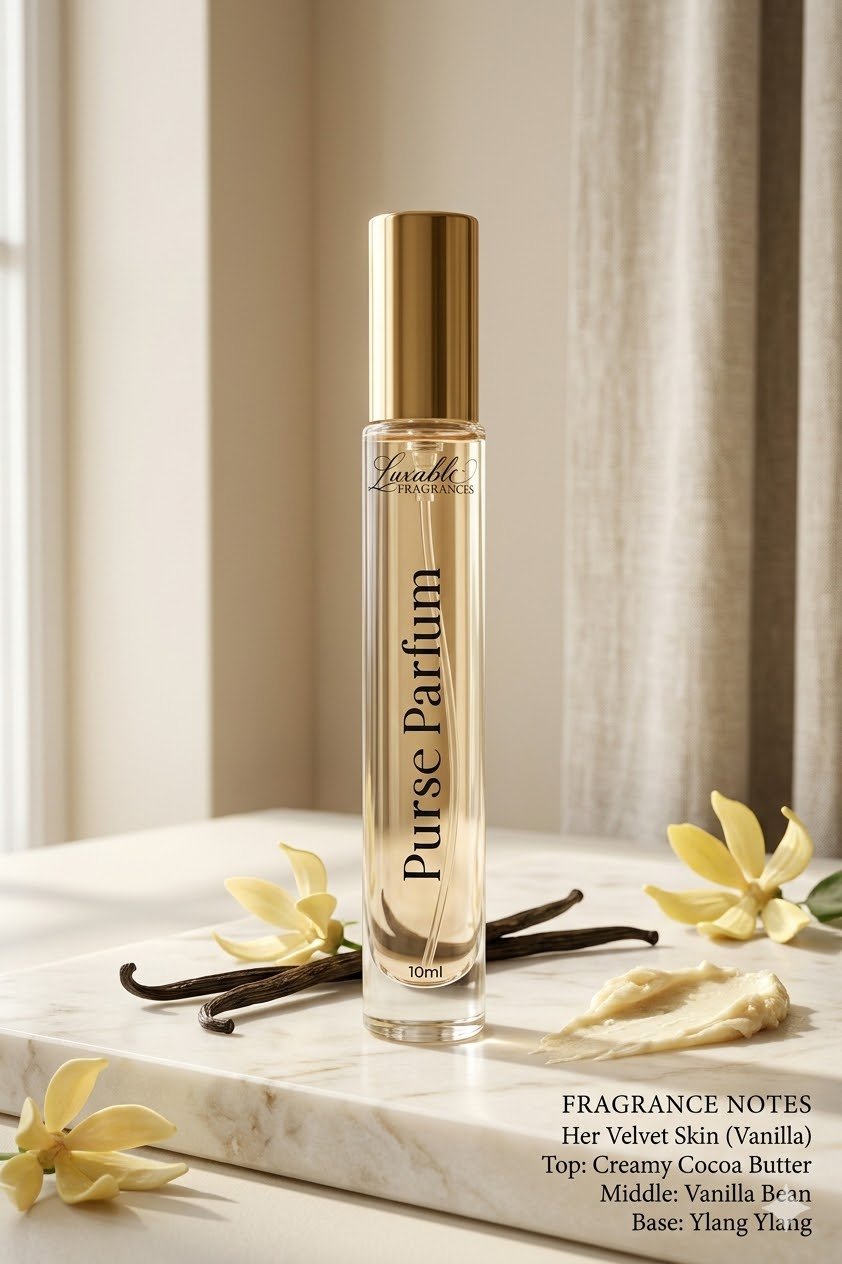 Her Velvet Skin purse parfum fragrance notes cocoa butter vanilla bean ylang ylang by Luxable Fragrances