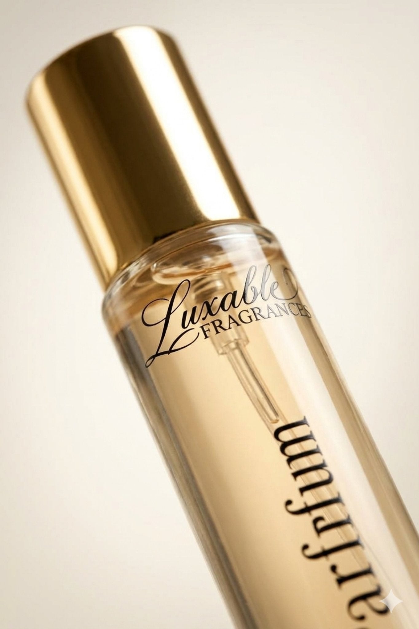 Luxable Fragrances purse parfum luxury gold cap macro detail Her Velvet Skin vanilla perfume