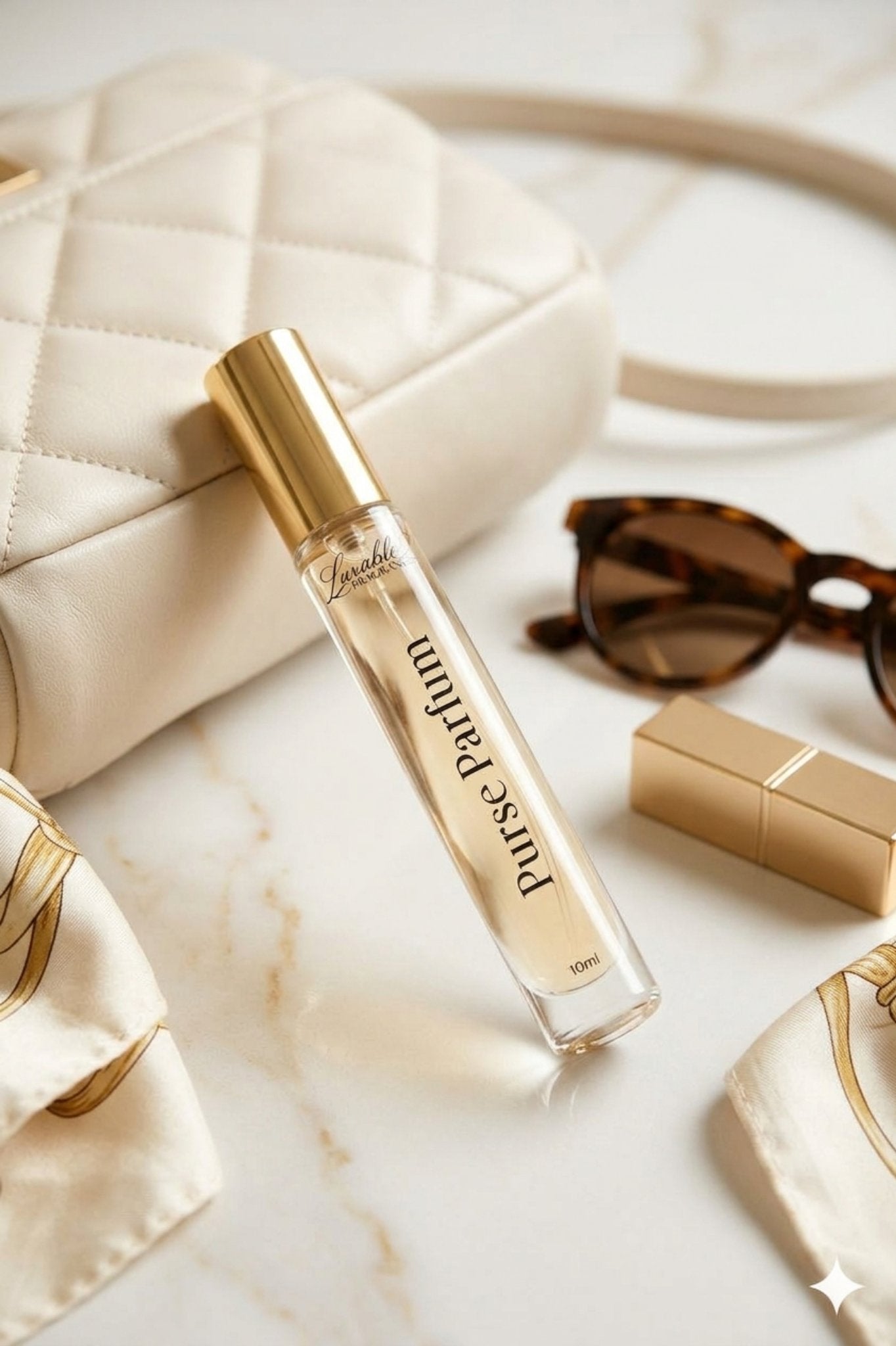 Her Velvet Skin purse parfum travel perfume styled with luxury handbag and accessories