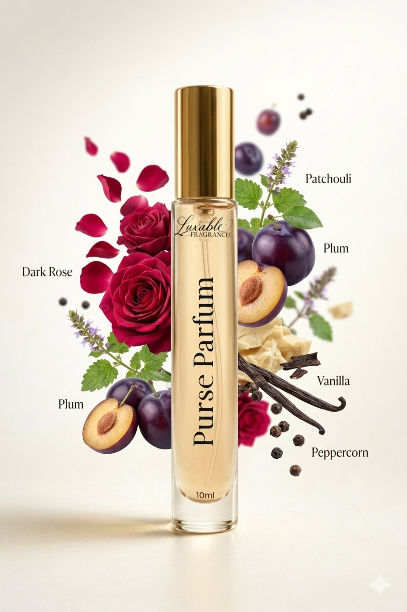 Luxable Fragrances Jahdani’s Laughter purse parfum fragrance notes dark rose plum patchouli vanilla peppercorn