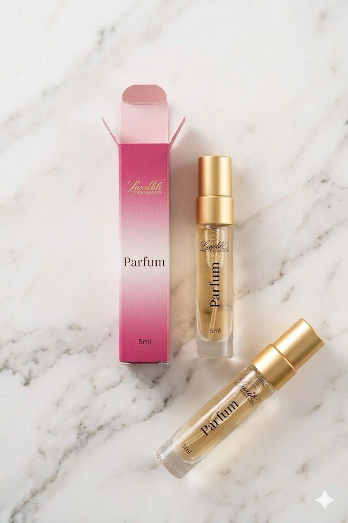 Luxable Fragrances 5ml parfum with open box and two mini spray bottles displayed on marble surface, luxury travel perfume and home fragrance mini set