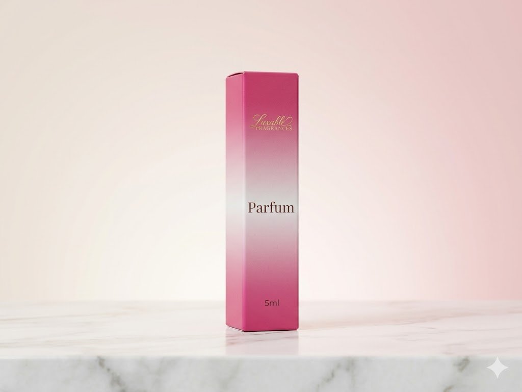 Luxable Fragrances 5ml parfum box in pink gradient luxury packaging, travel size perfume packaging for home fragrance and on-the-go use