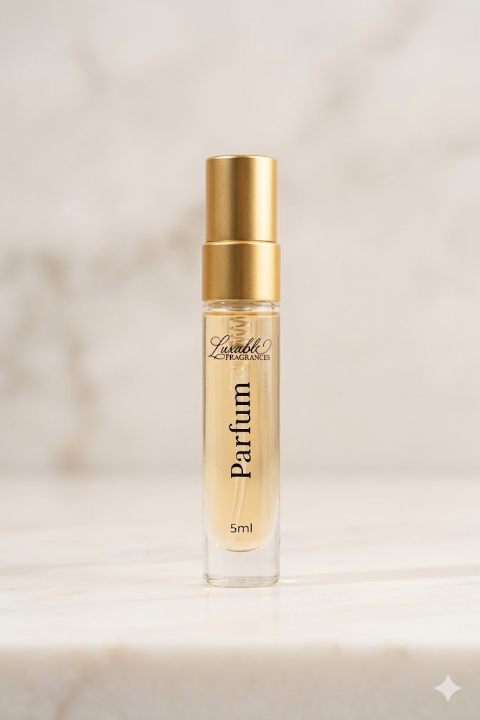Luxury 5ml parfum spray by Luxable Fragrances displayed on marble surface, compact travel size perfume with gold cap and soft blush background
