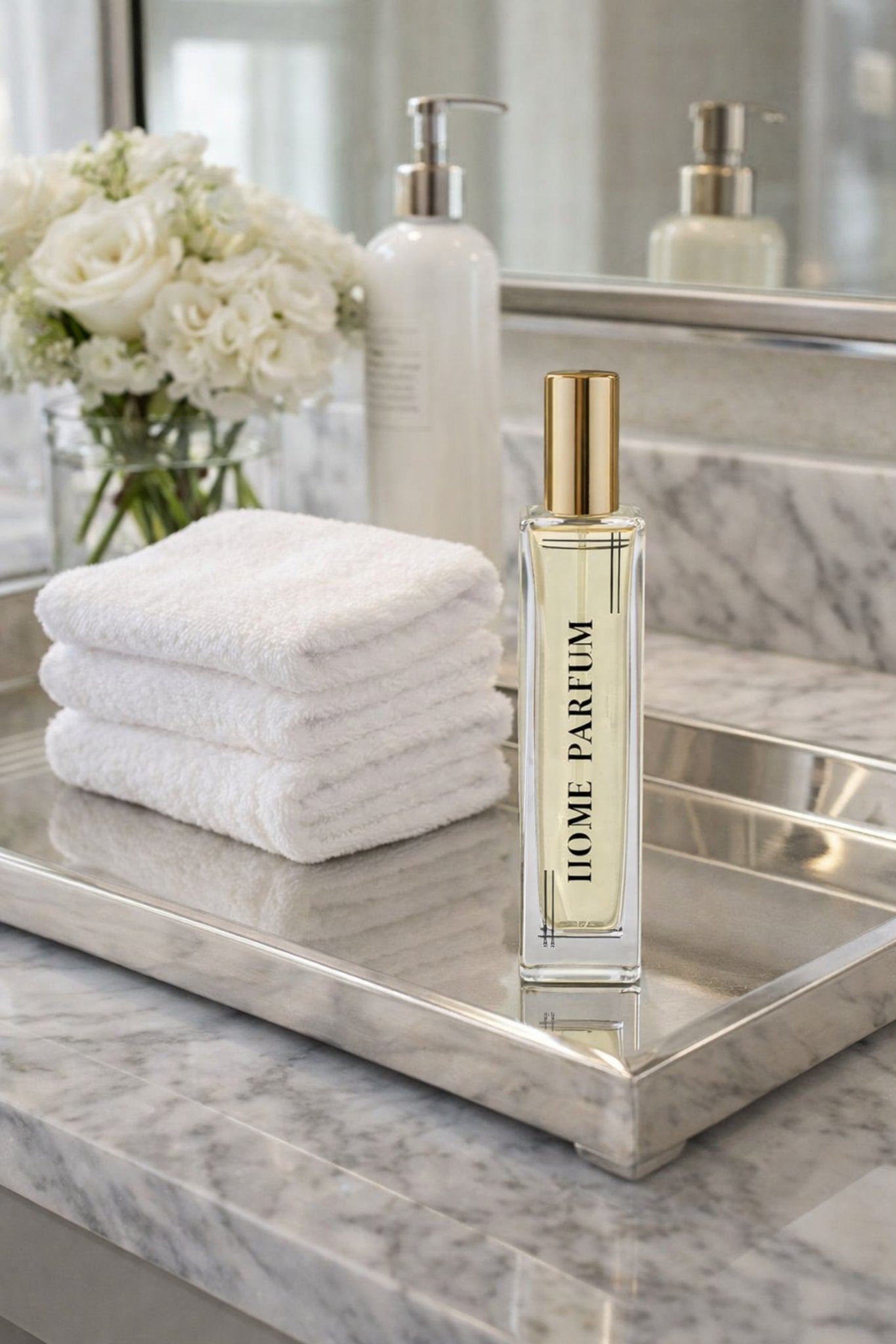 Pure Comfort luxury home perfume styled with towels in bathroom