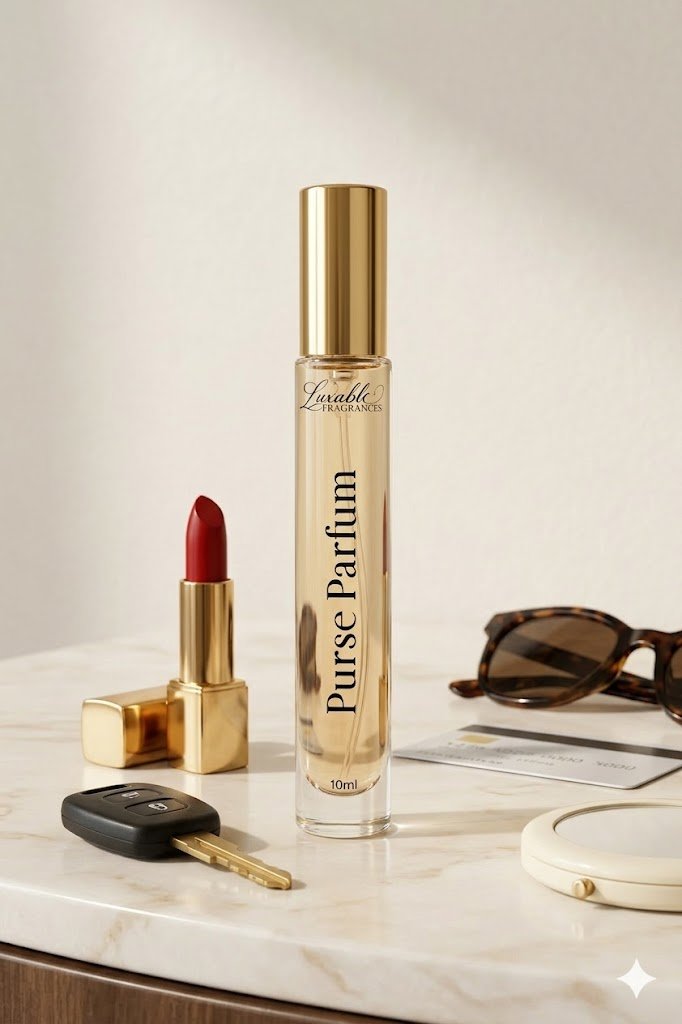 Luxable Fragrances Pure Comfort purse parfum luxury vanity lifestyle scene