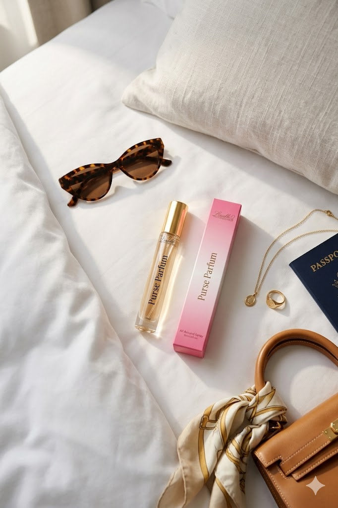 Luxable purse parfum travel perfume lifestyle scene with handbag and accessories