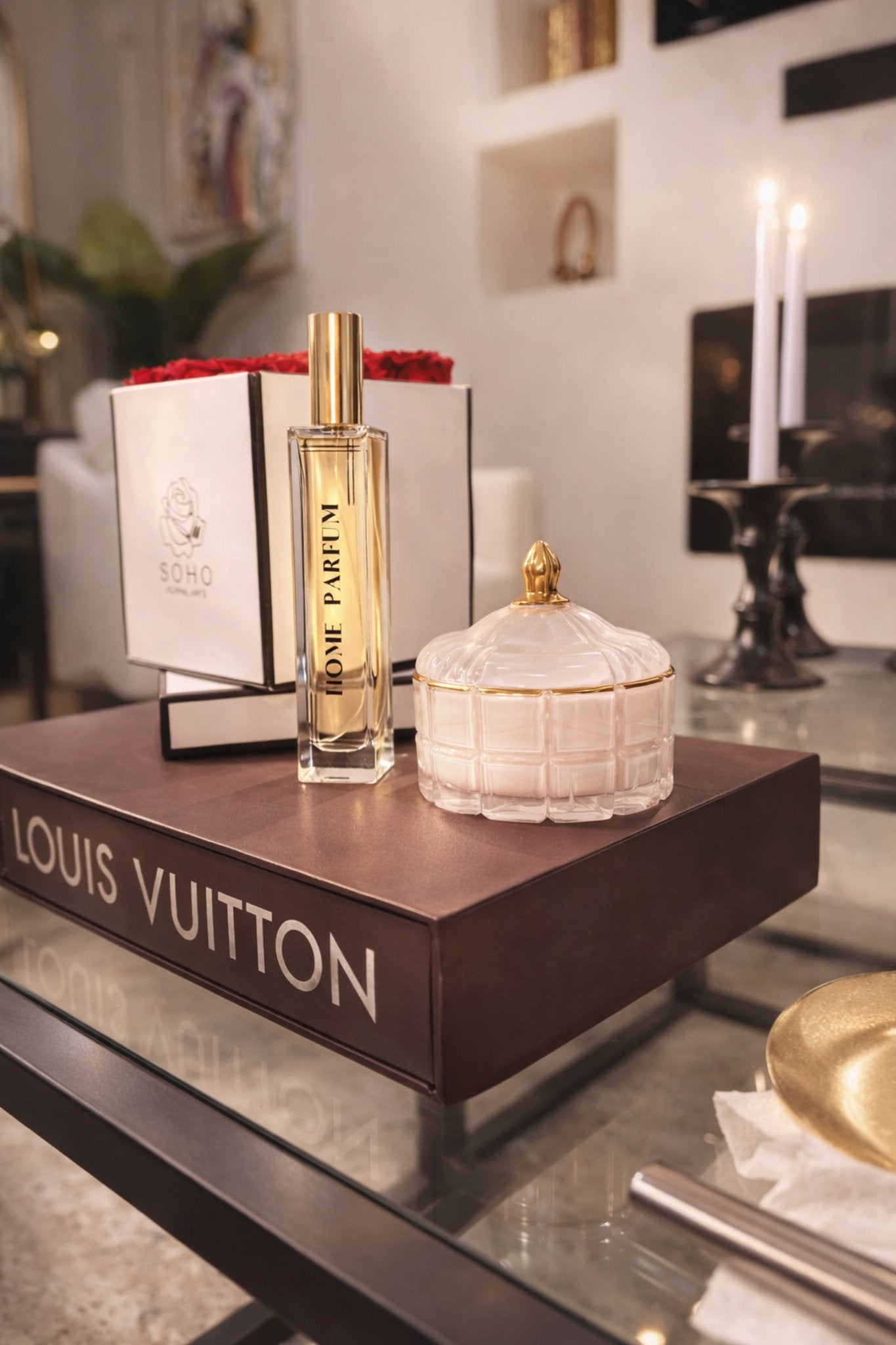 Romaine’s Love home perfume luxury room fragrance styled on designer decor books