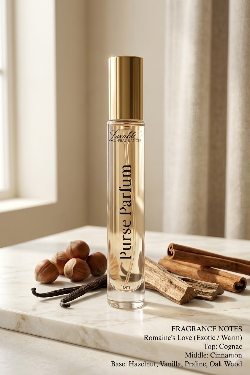 Luxable Fragrances Romaine's Love purse parfum fragrance notes cognac cinnamon hazelnut vanilla oakwood