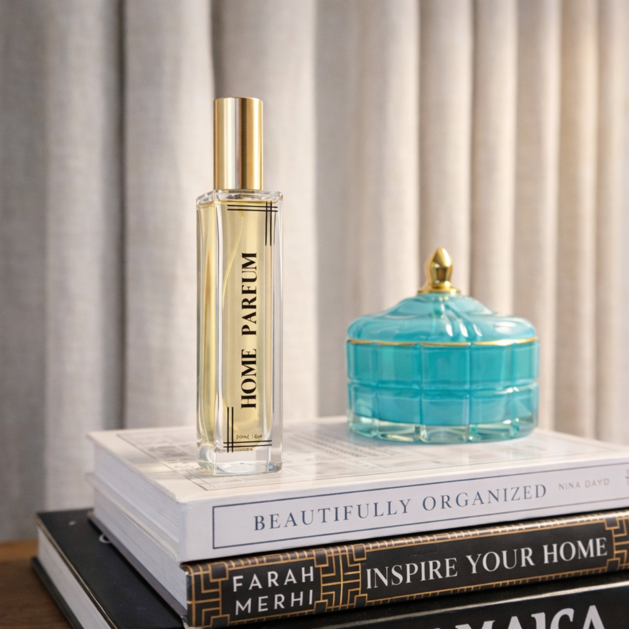 Soft Embrace home perfume luxury room fragrance styled on decor books